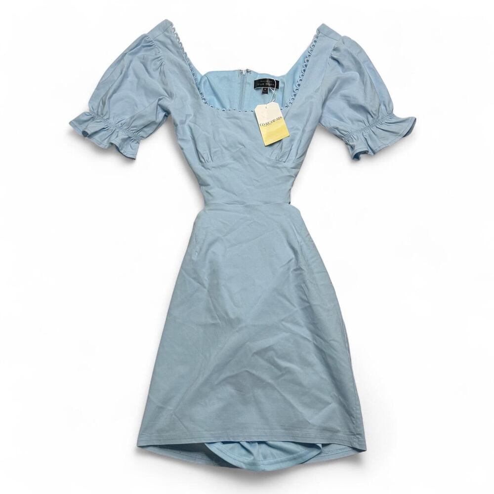 light blue mini dress cinched corset like waist open back new with tag Size M